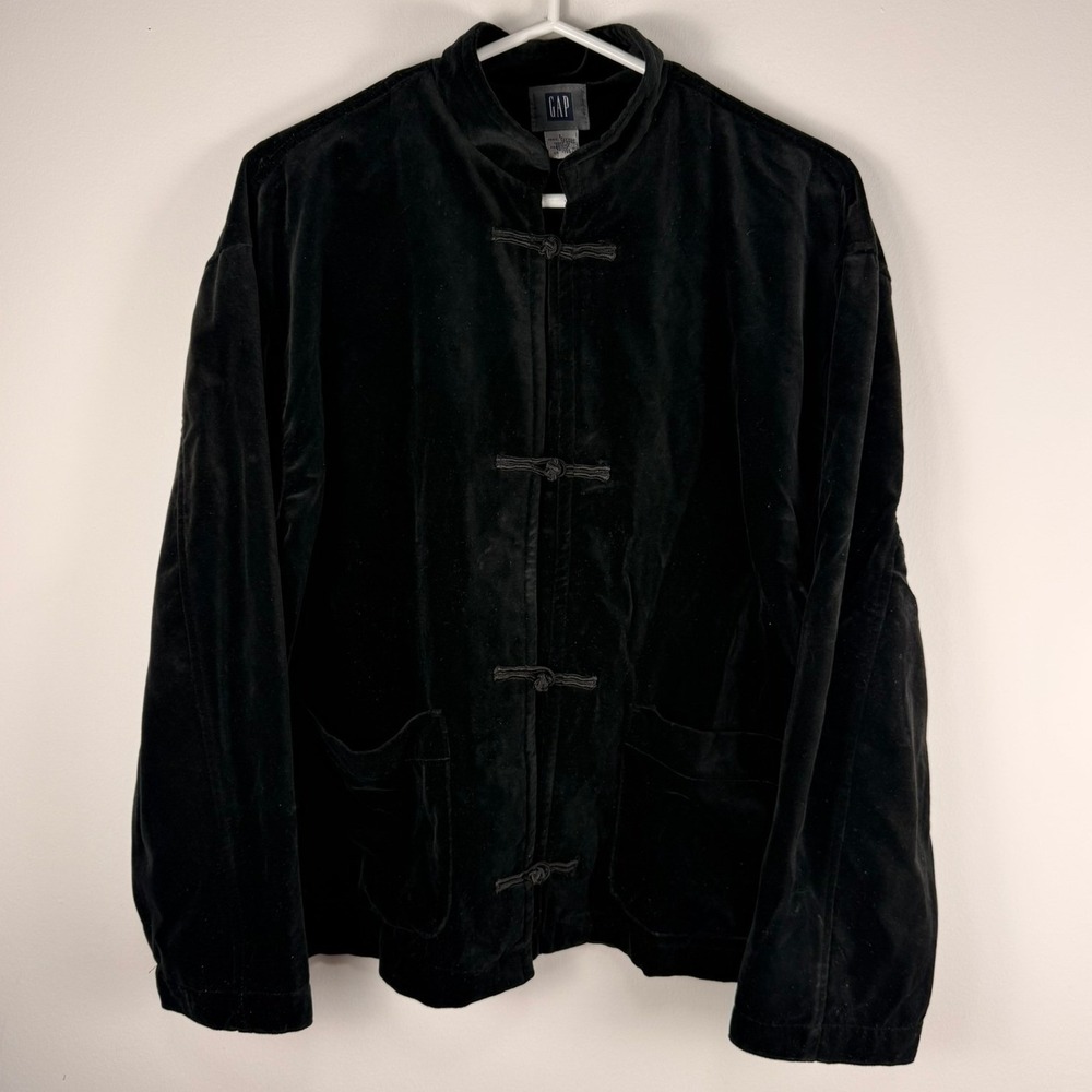 VTG 1994 GAP Archival Black Cotton Velvet Frog Button Mandarin Collar Jacket L